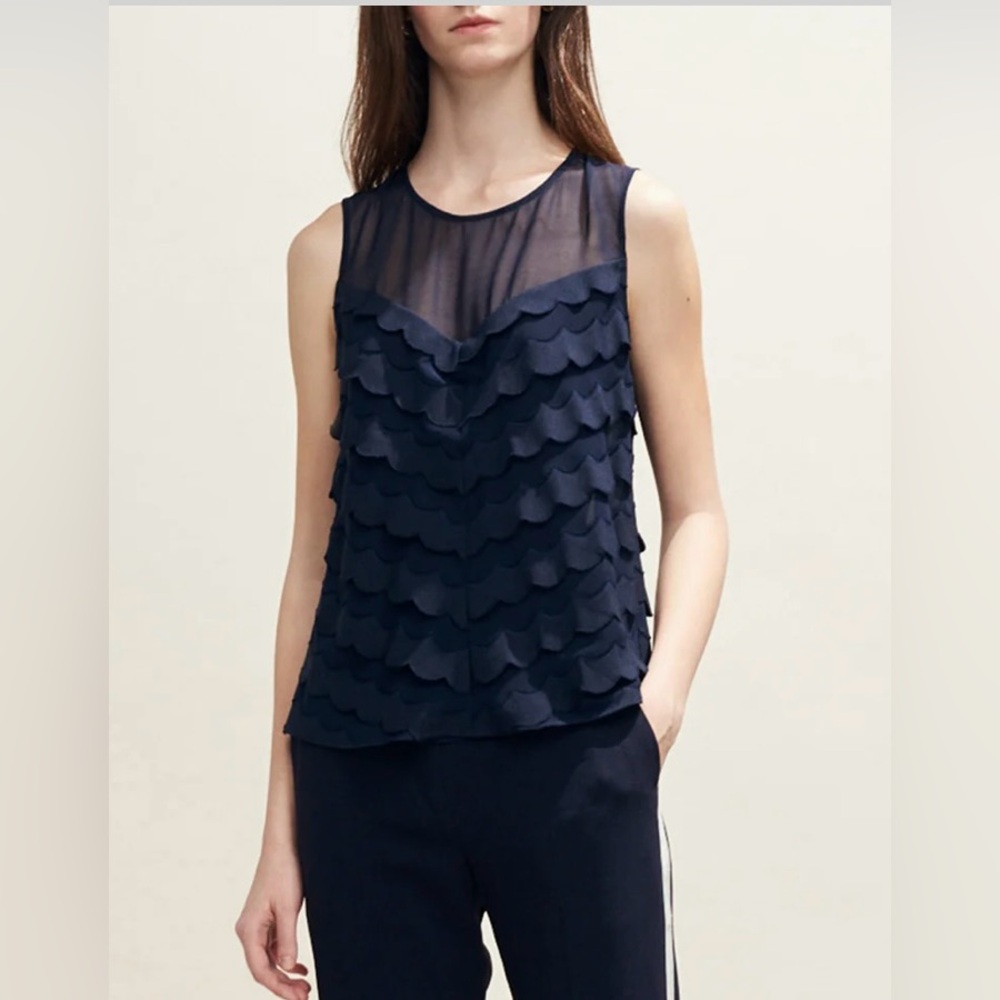 Navy Scalloped Ruffle Sleeveless Top - Women